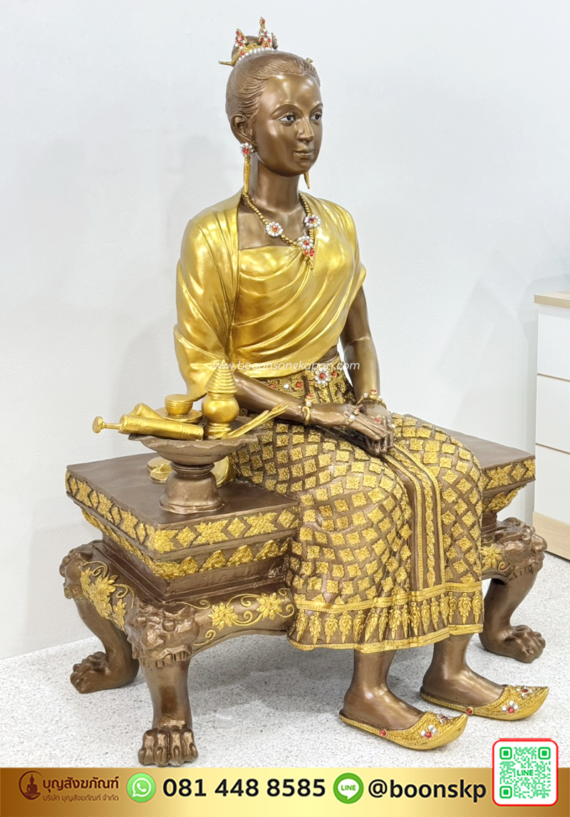 พระสุพรรณกัลยา เนื้อทองเหลือง สีรมมันปู ขนาด 30 นิ้ว องค์เท่าคนจริง