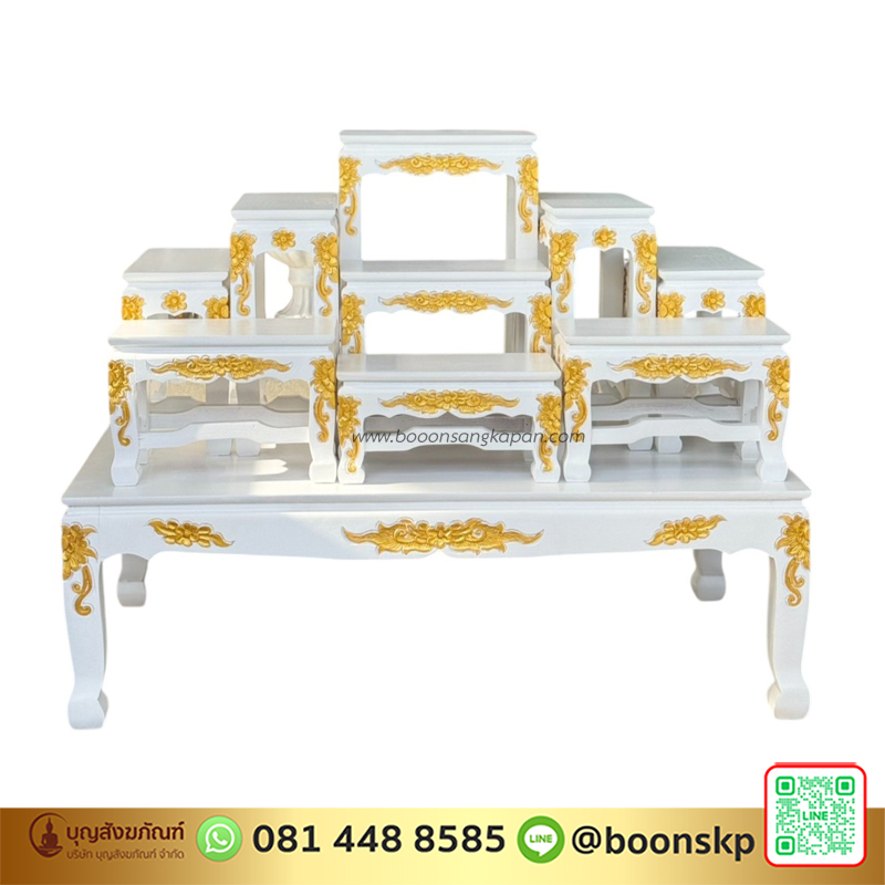 โต๊ะหมู่บูชา ไม้สักทอง แกะลายปิดทอง หมู่ 9 หน้า 6 นิ้ว