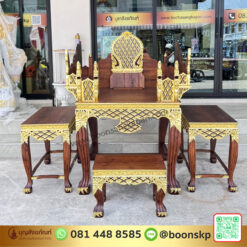 ธรรมมาสน์ไม้สัก แกะลายพิกุล 2 ชั้น พร้อมโต๊ะข้าง 2 ชิ้น